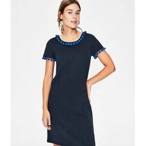 Boden Pom Pom Crew Neck Pullover Shift Dress Blue Size 2 Petite